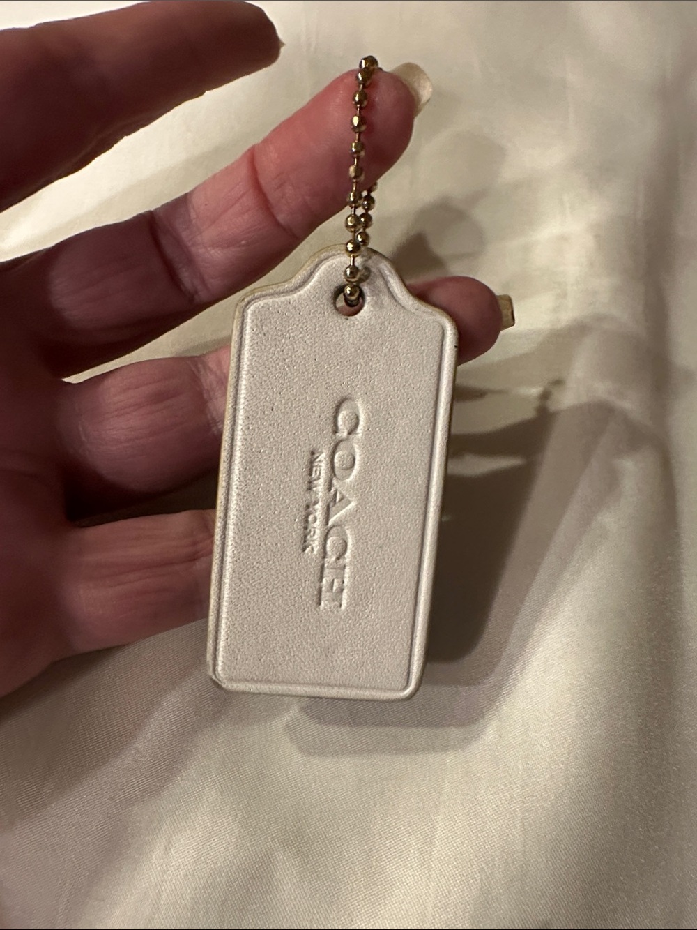 COACH Cream and blue Leather Hang Tag with Gold Ball Chain
